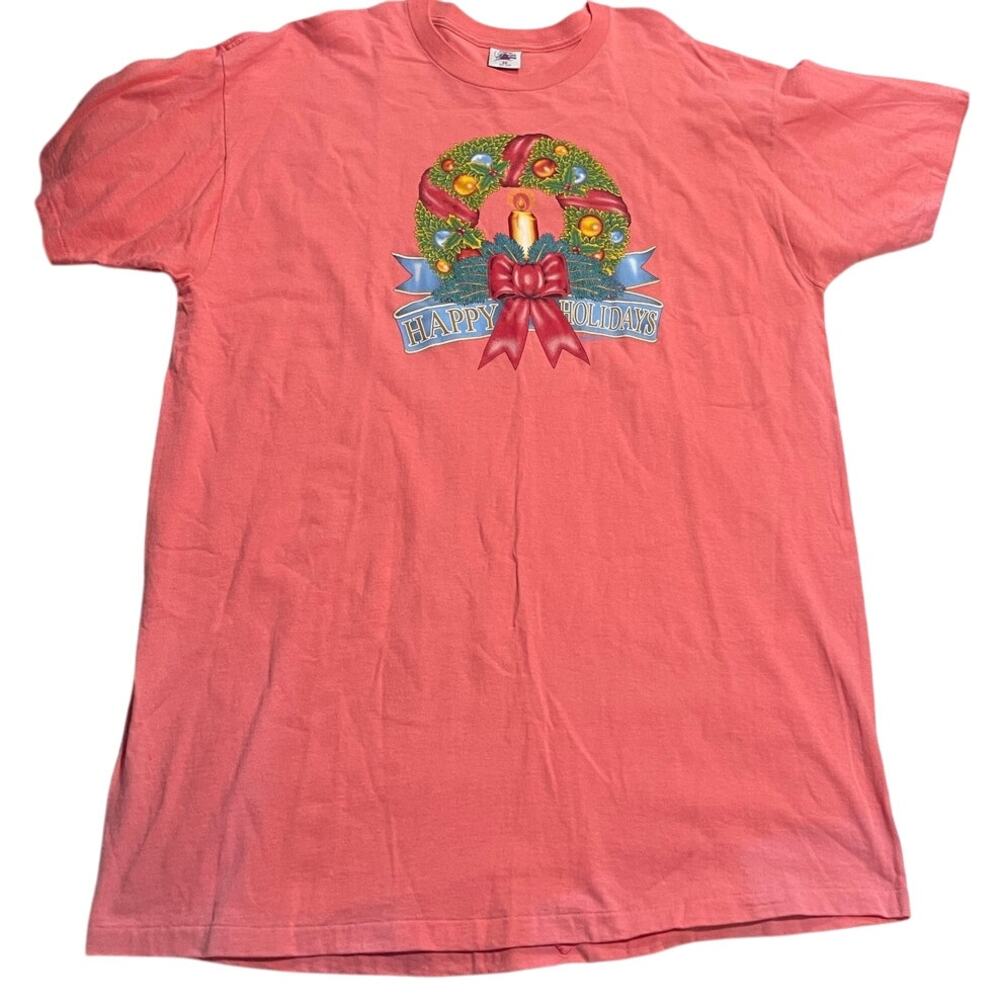 VTG Delta Ladies Christmas Wreath Sleepshirt Oversized Women's OS Peach *flaw